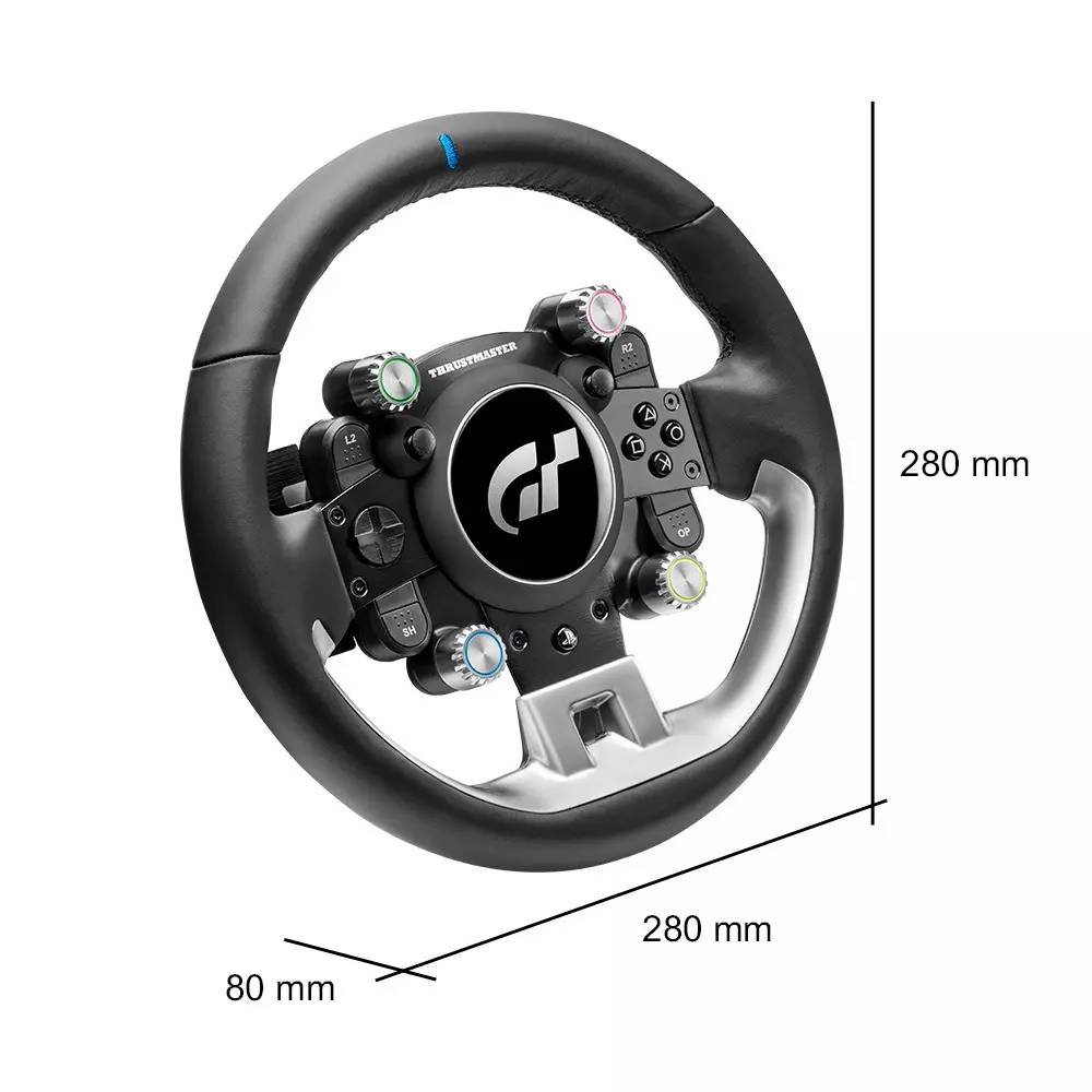 Volante negro con detalles plateados y controles. Dimensiones 280x280x80mm.