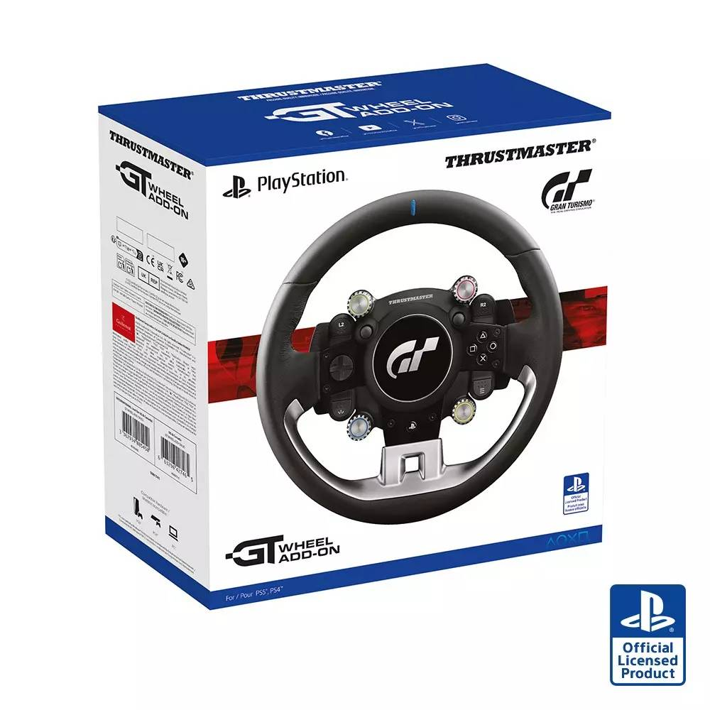 Embalaje de un Thrustmaster GT Wheel Add-On para PS5/PS4, mostrando el volante.