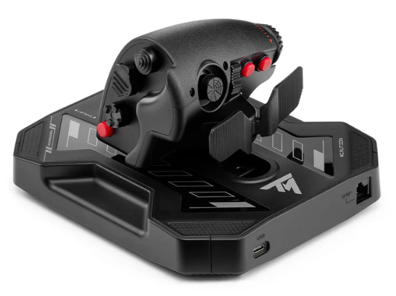 Un joystick de simulador de vuelo negro con detalles rojos sobre una base.