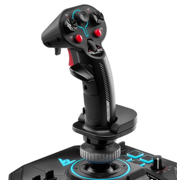 Un joystick negro para simulador de vuelo con detalles azules y botones rojos.
