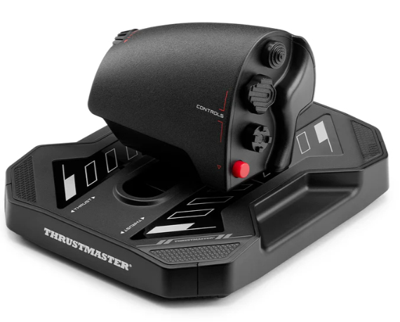 Joystick negro con botones en una base con logo Thrustmaster.