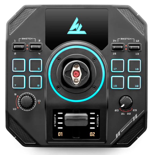 Un panel de control de volante de carreras negro con acentos azules y muchos botones.