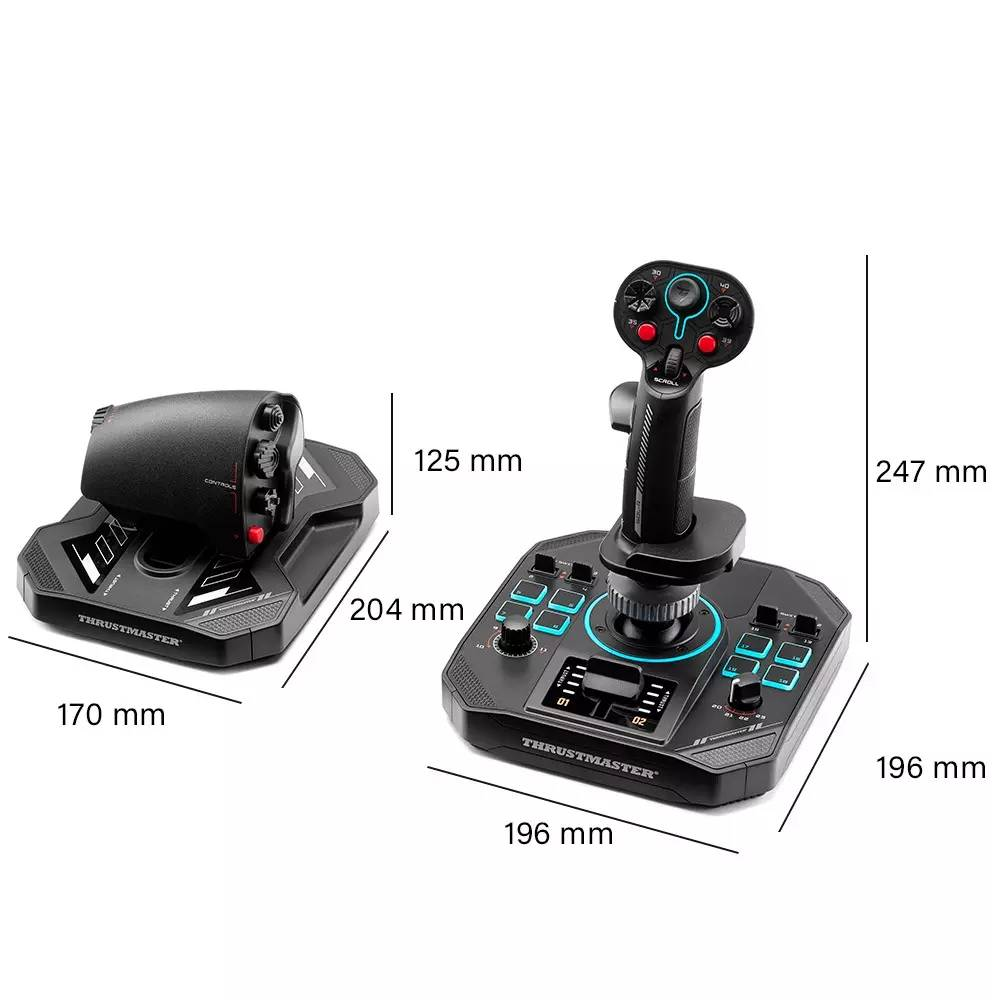 Dos joysticks Thrustmaster con dimensiones sobre fondo blanco.