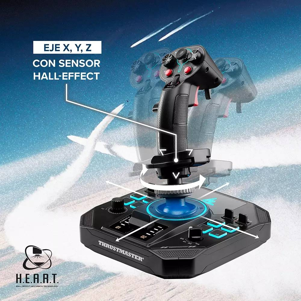 Un joystick negro con base en primer plano, fondo muestra estelas de avión.
