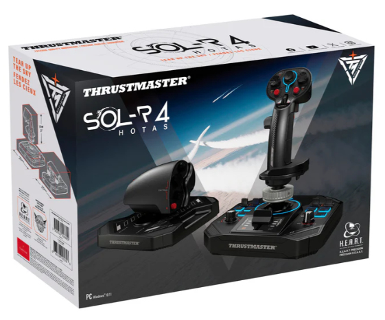 Controles de vuelo Thrustmaster HOTAS con joystick y acelerador en embalaje de producto.