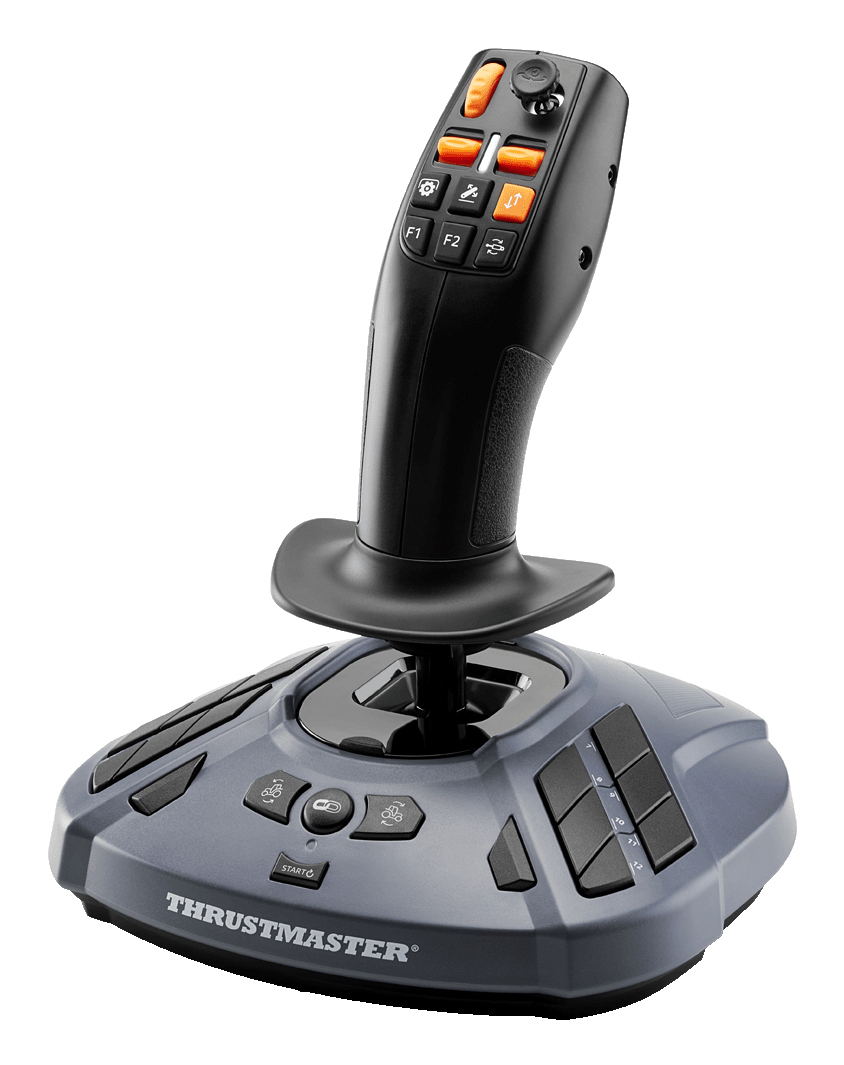 Un joystick negro y gris con múltiples botones y palanca de acelerador.