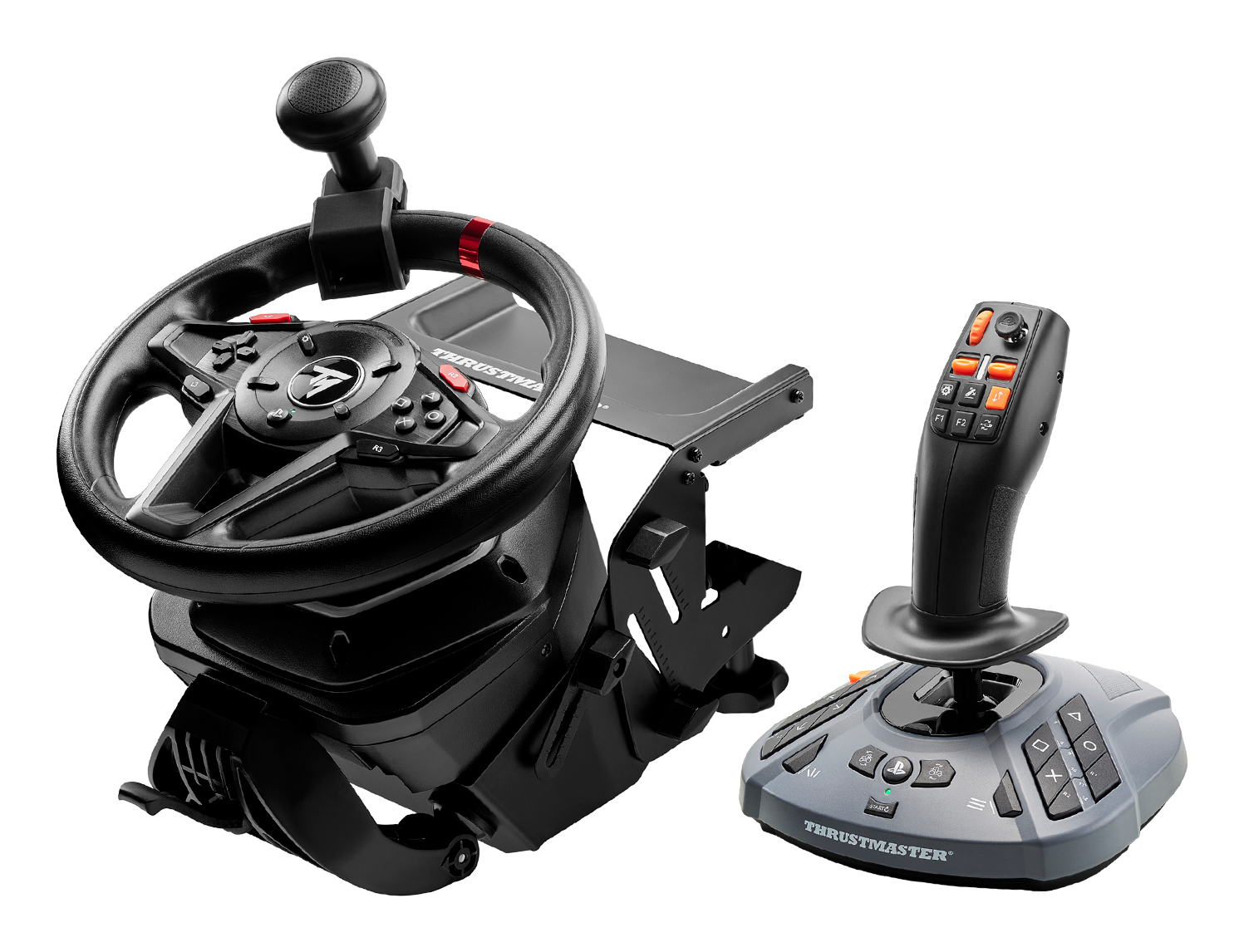 Volante y joystick de juego negros con botones naranjas y rojos sobre fondo blanco.