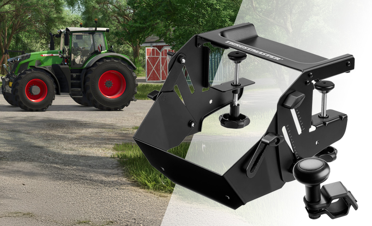 Tractor verde Fendt junto a un soporte de volante negro con abrazaderas.