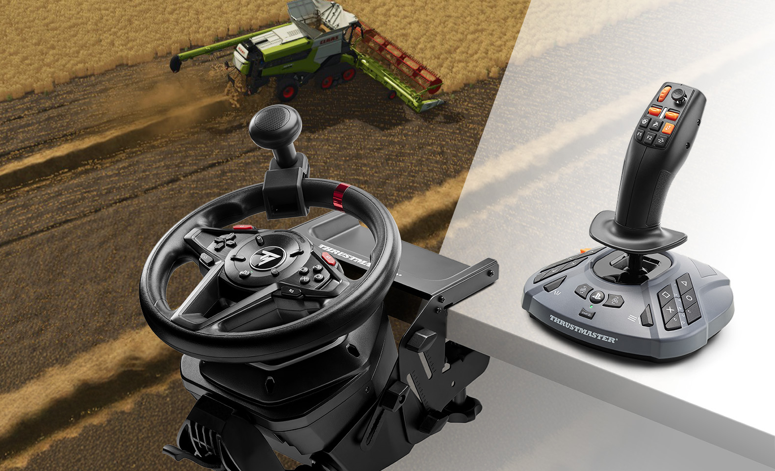 Un volante y un mando de joystick están sobre una mesa, con una cosechadora de fondo.