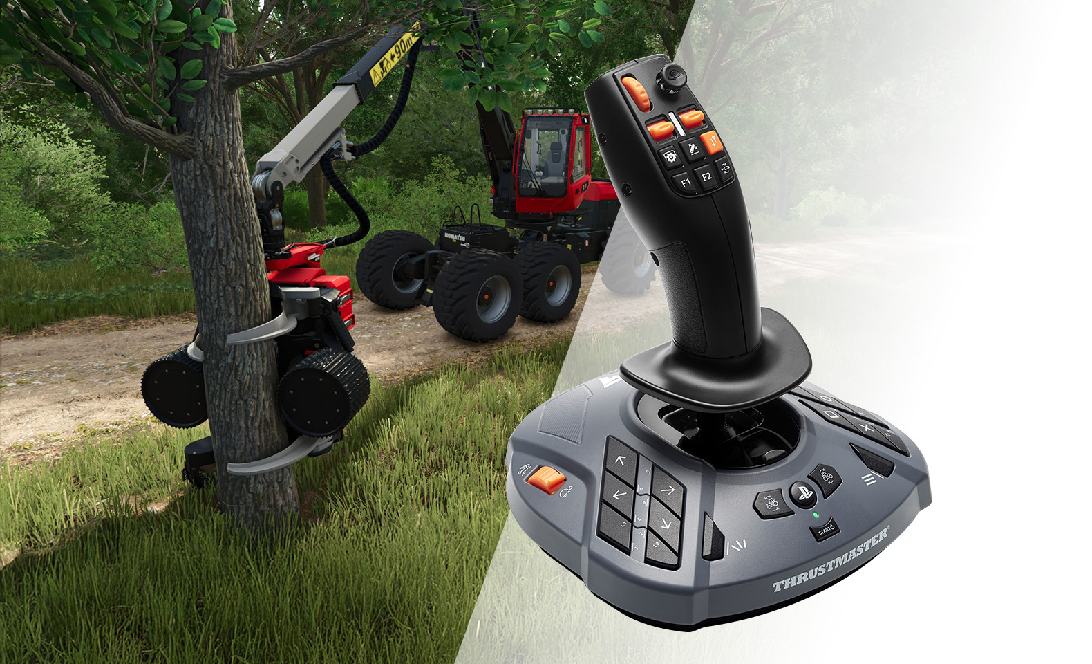 Una cosechadora en un bosque y un controlador de joystick.