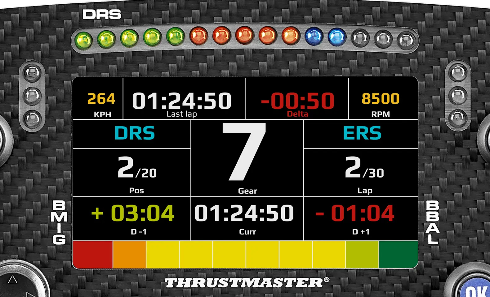 Una pantalla de volante de carreras muestra velocidad, tiempo de vuelta, marcha y RPM.