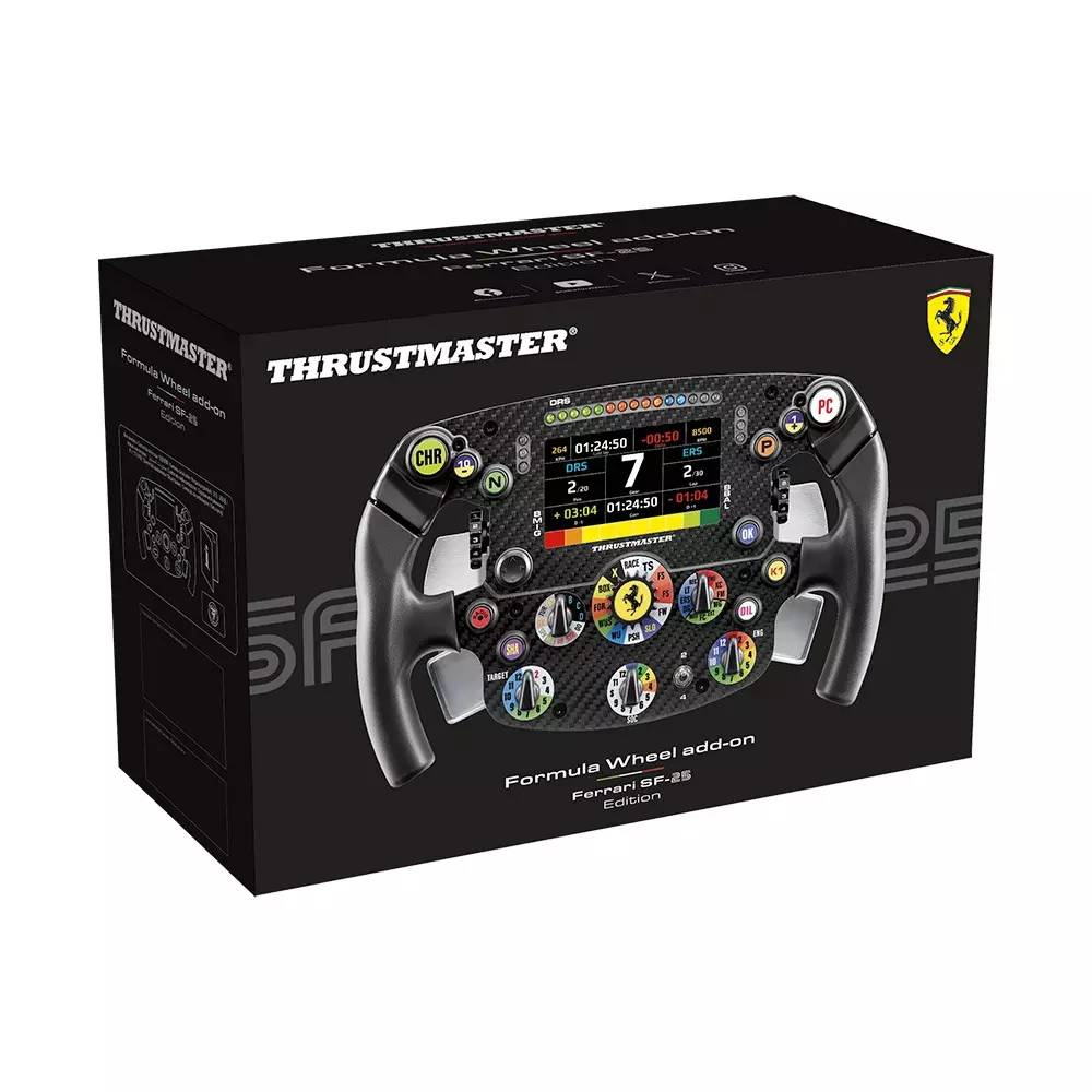 Caja de un volante Ferrari SF-25 de Thrustmaster con pantalla.