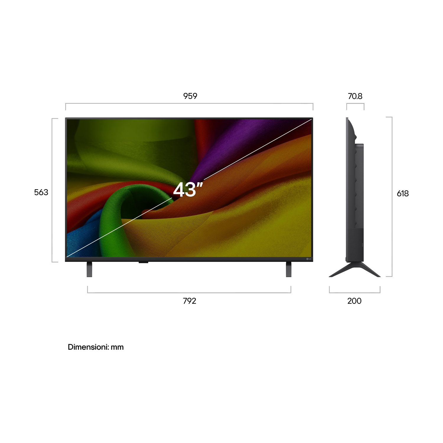 Un TV LG da 43 pollici con motivo arcobaleno, con dimensioni indicate.