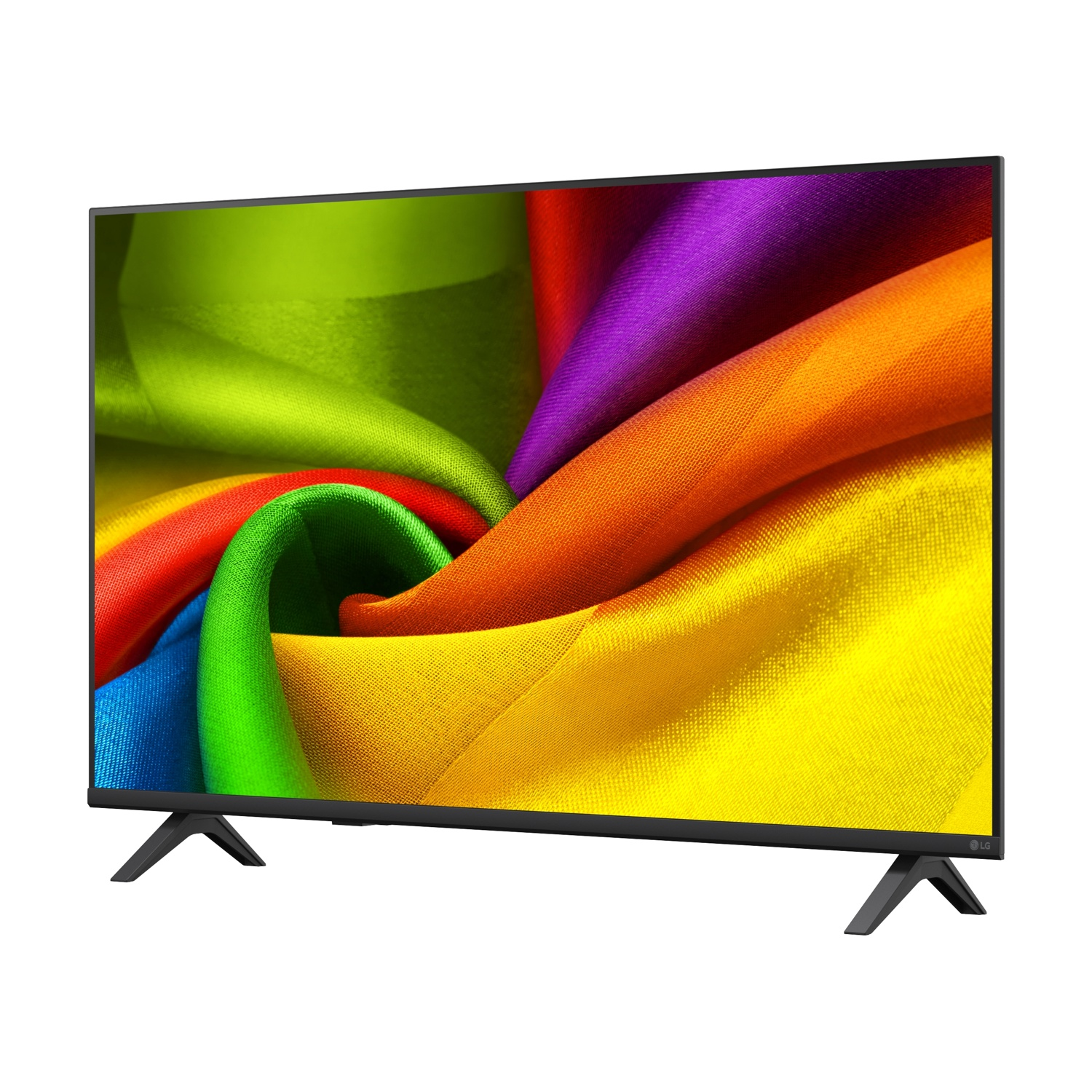 Una moderna TV a schermo piatto nera mostra colori vivaci e vorticosi sul suo schermo su sfondo bianco.