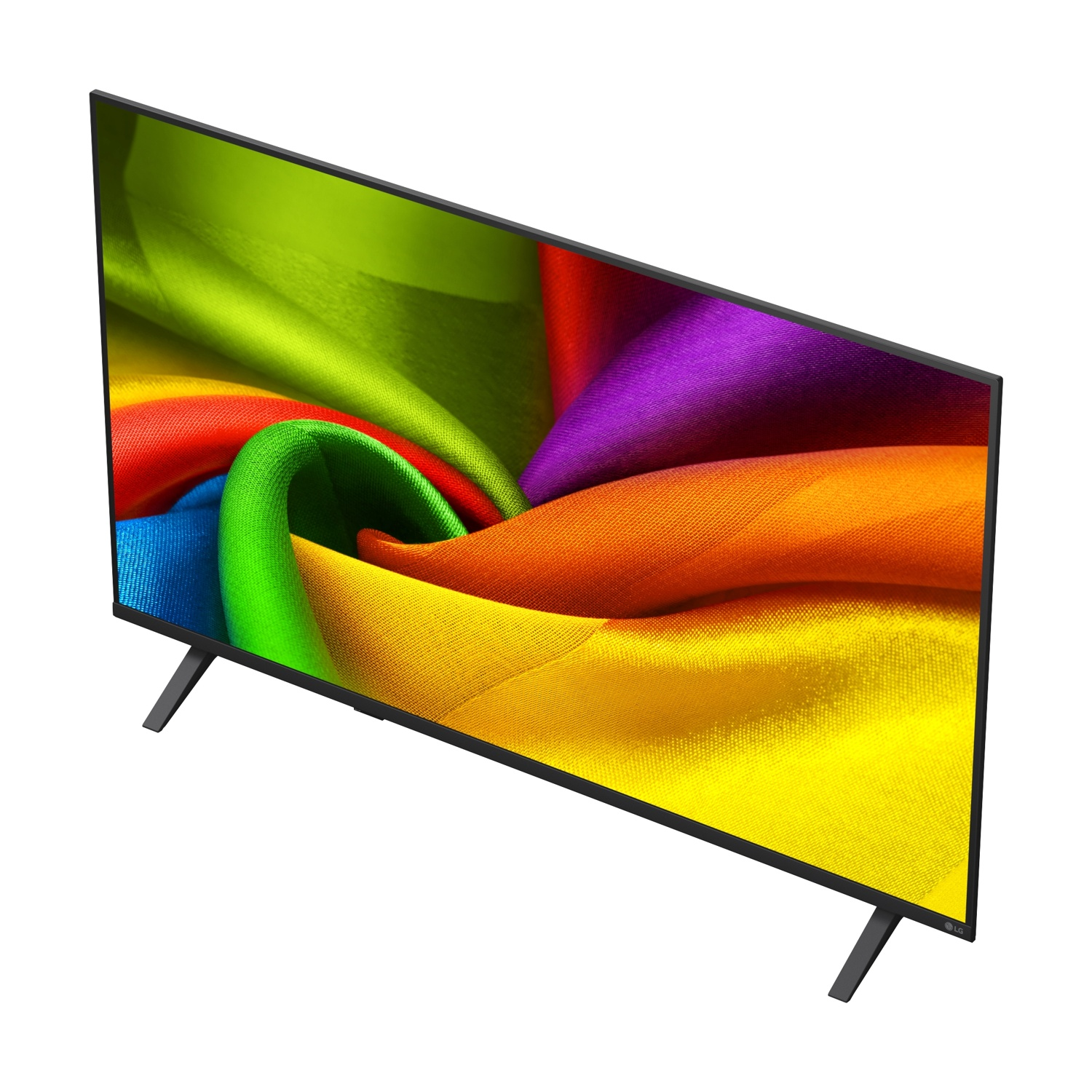 Una moderna TV nera con un motivo di tessuto colorato e vorticoso sullo schermo.