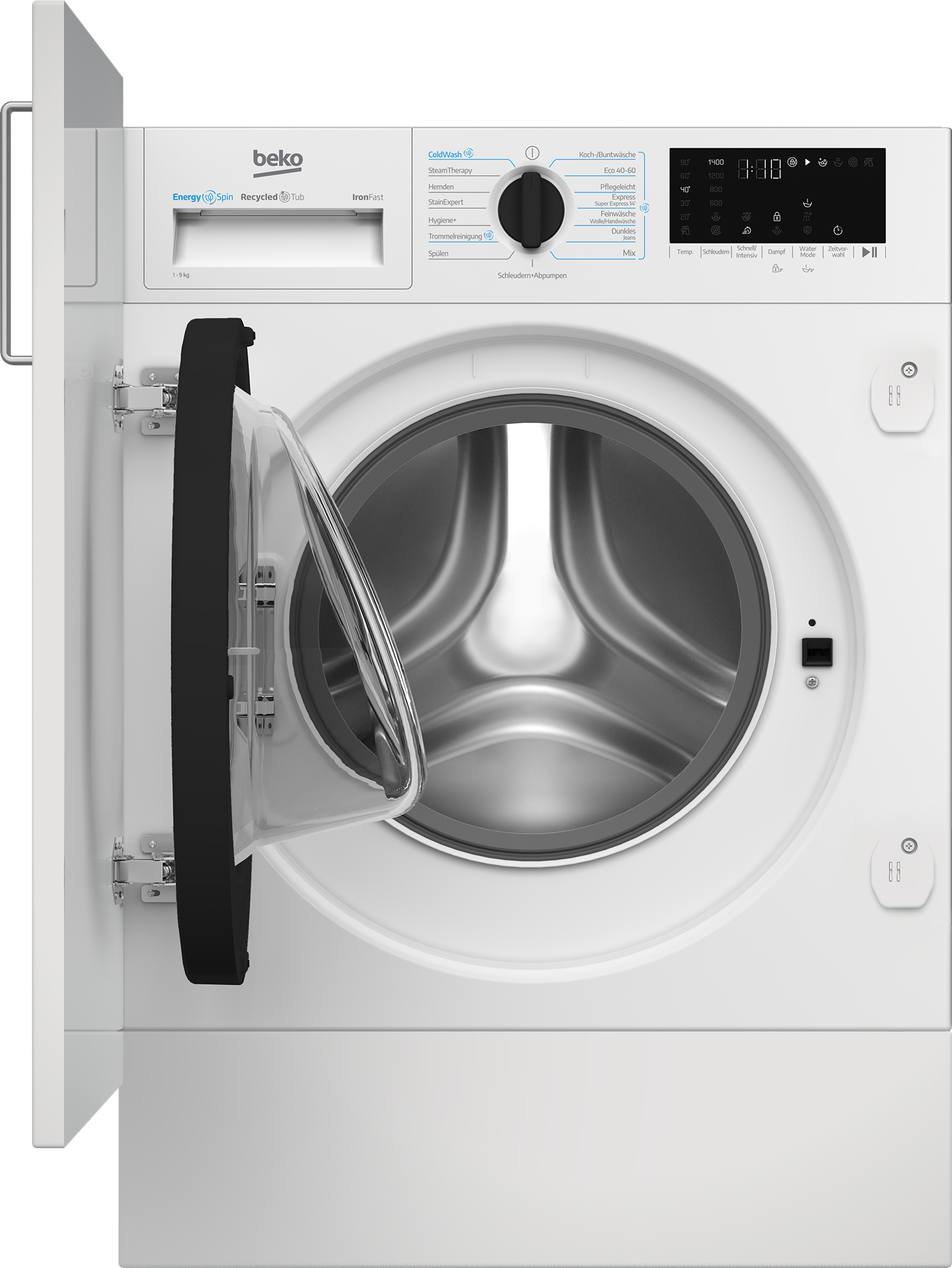 Weiße Beko Waschmaschine mit geöffneter Tür und digitalem Bedienfeld.