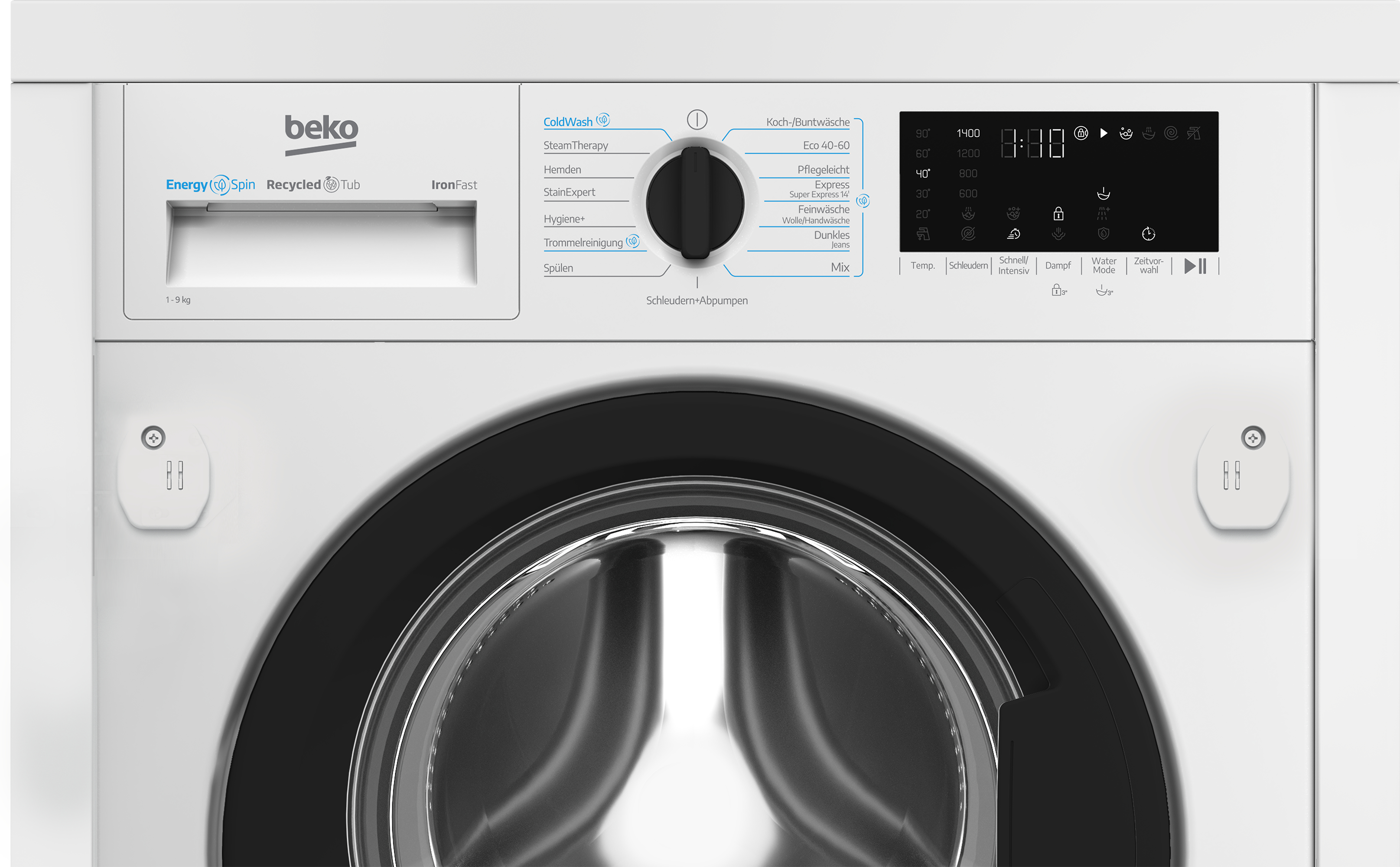 Weiße Beko-Waschmaschine mit digitalem Display und Bedienfeld.