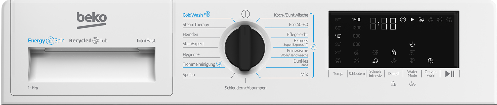 Bedienfeld einer weißen Beko-Waschmaschine mit digitaler Anzeige und Programmwahl.