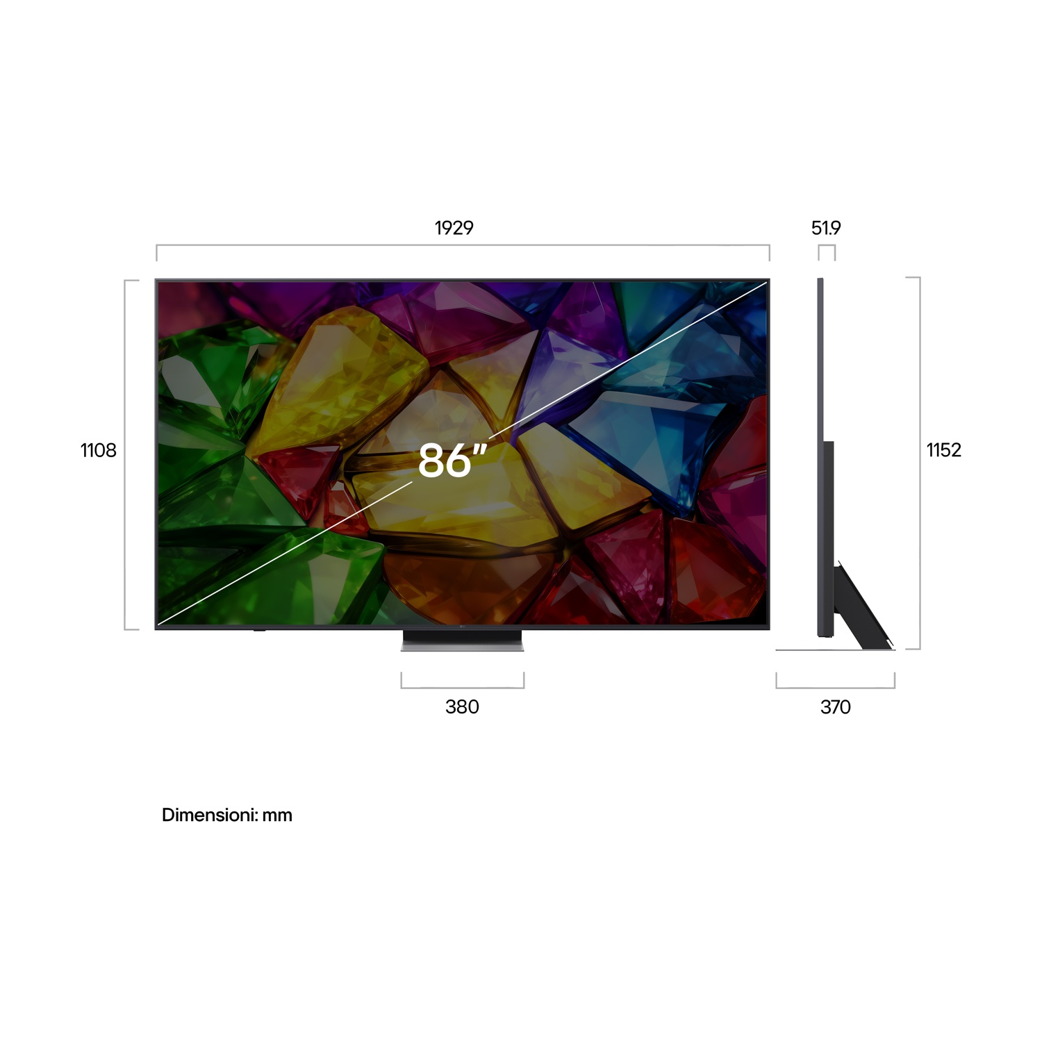 Un TV da 86 pollici che mostra gemme colorate, con dimensioni.