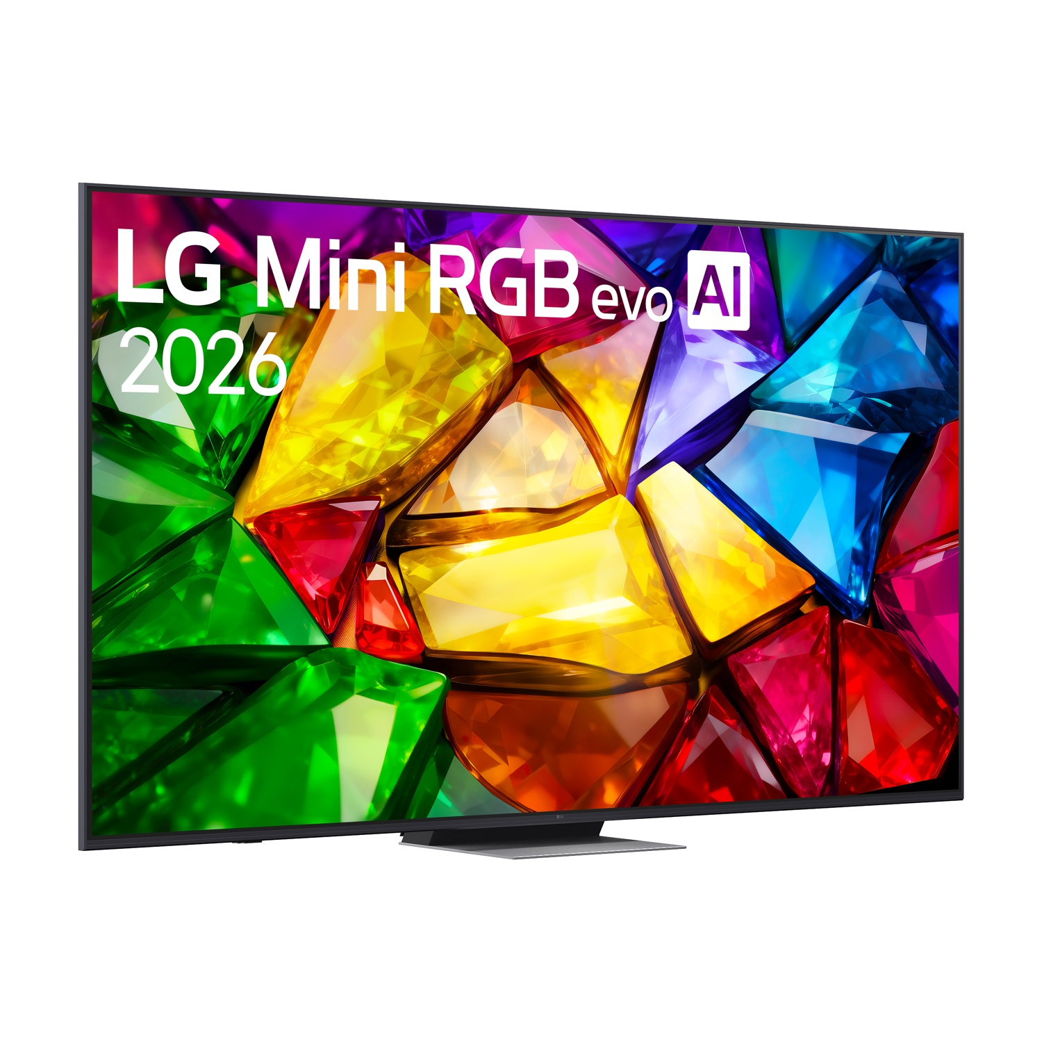 TV LG Mini LED 4K con motivo di gemme colorate e testo '2026'.