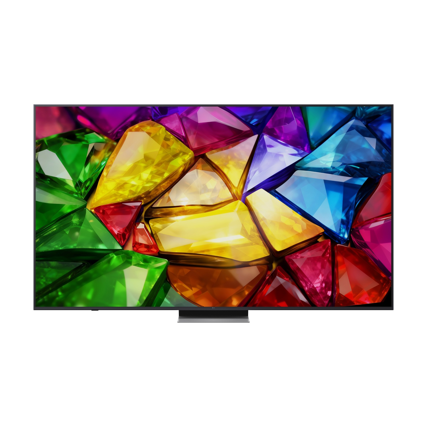 Un televisore moderno con un vivace screensaver di gemme colorate.