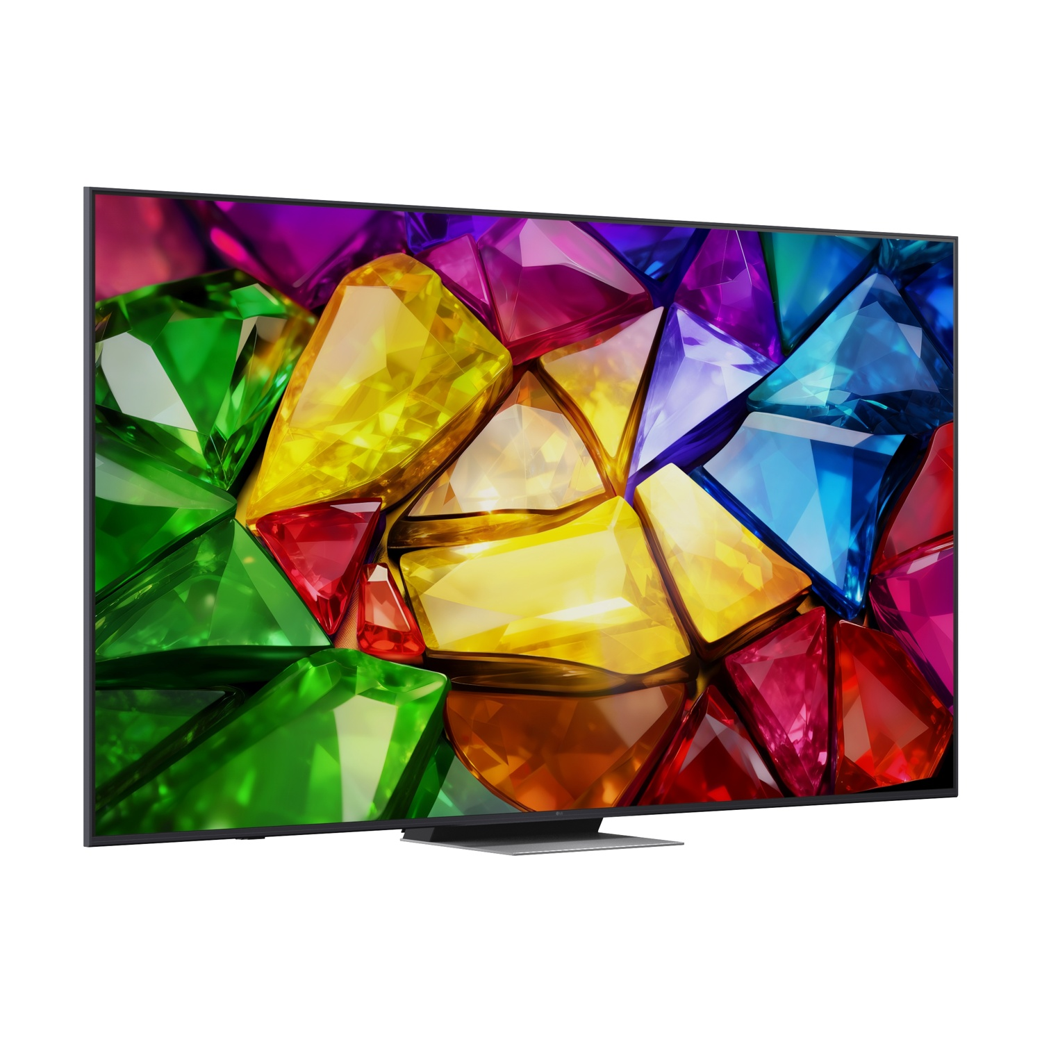 Una TV moderna con schermo di gemme colorate su un supporto sottile.