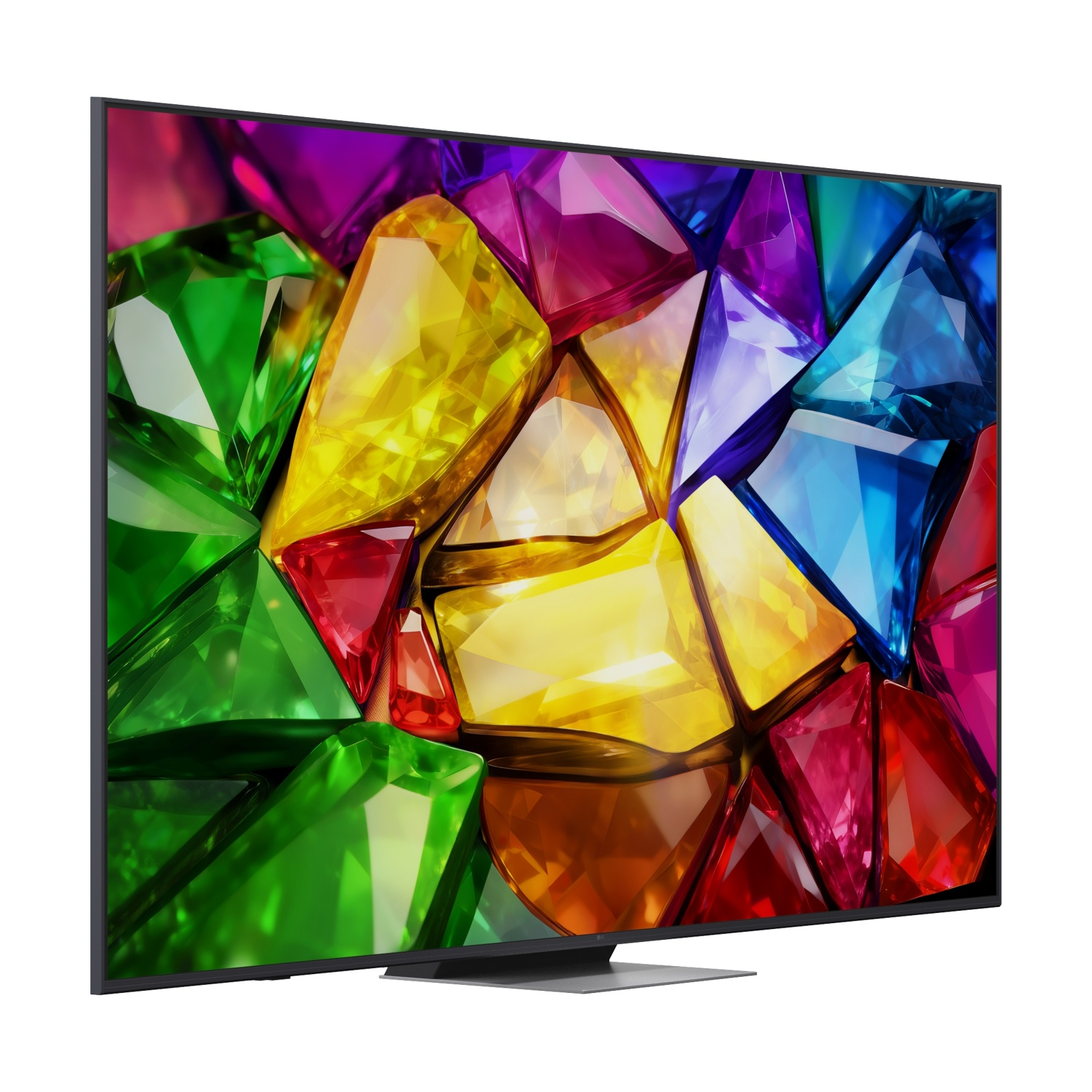 Un televisore moderno mostra gemme colorate in rosso, verde, blu, giallo e viola.
