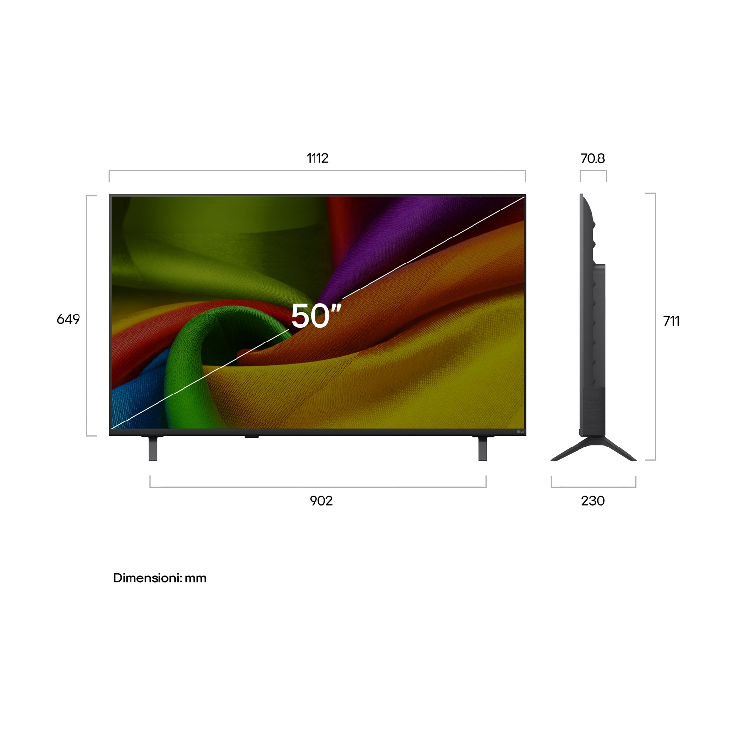 Una TV LG da 50 pollici con sfondo arcobaleno e dimensioni.