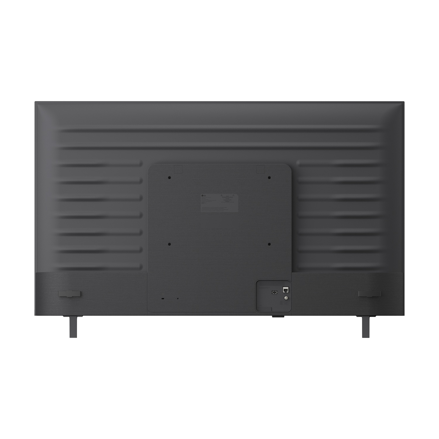 Retro di una TV LG grigio scuro con linee orizzontali e porte visibili.