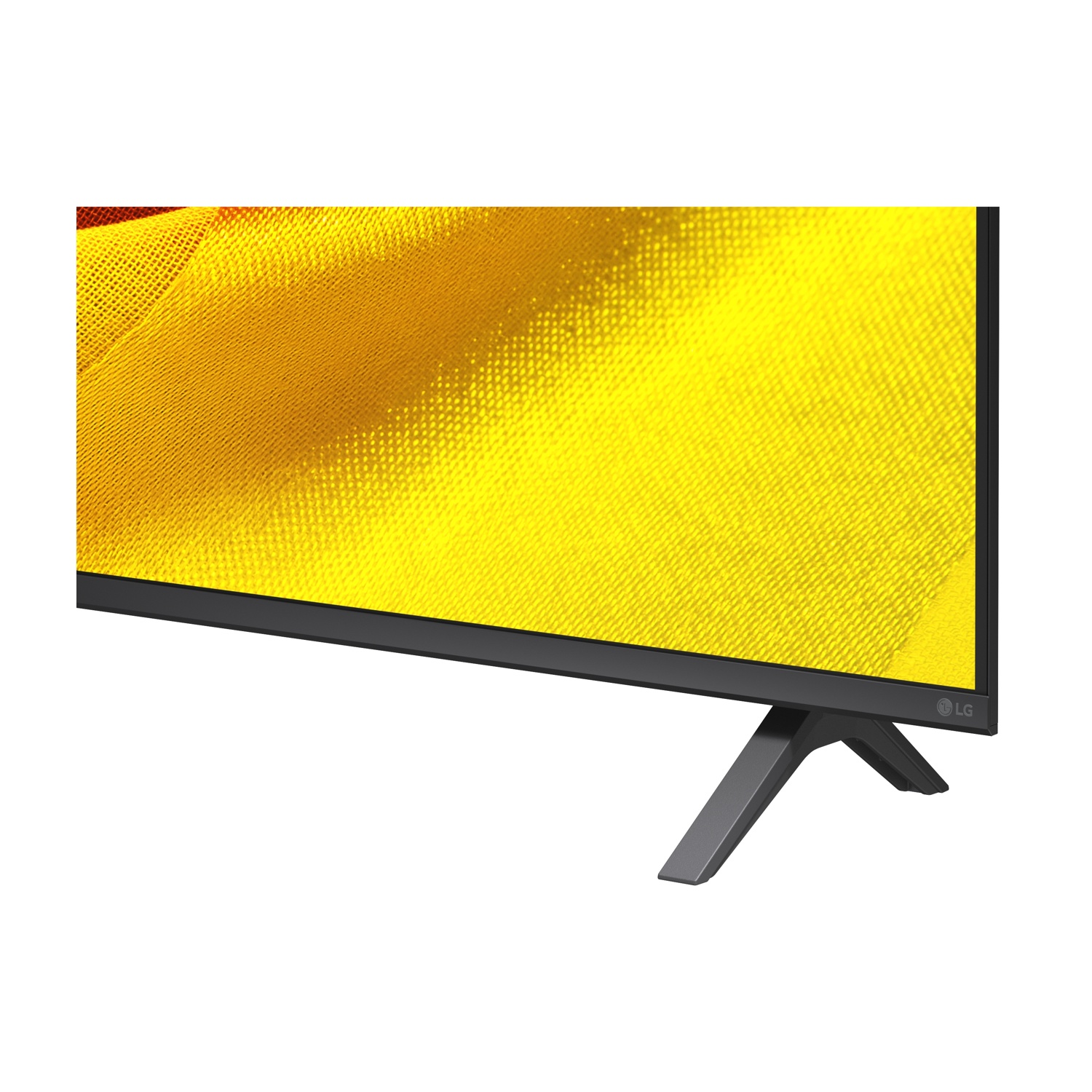 Primo piano di un TV con motivo giallo e logo LG sul supporto.