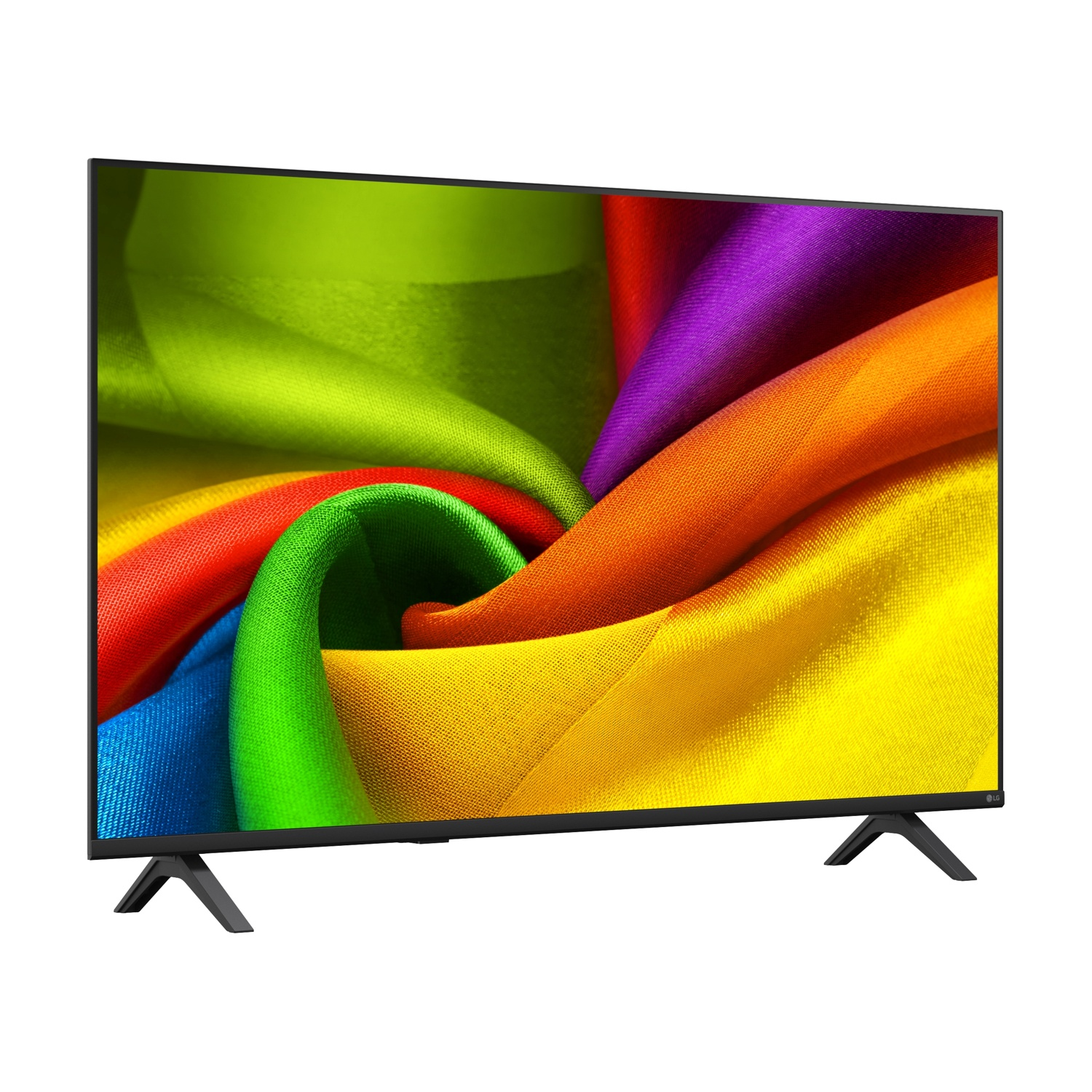 Televisore nero con tessuto arcobaleno vibrante e vorticoso sullo schermo.