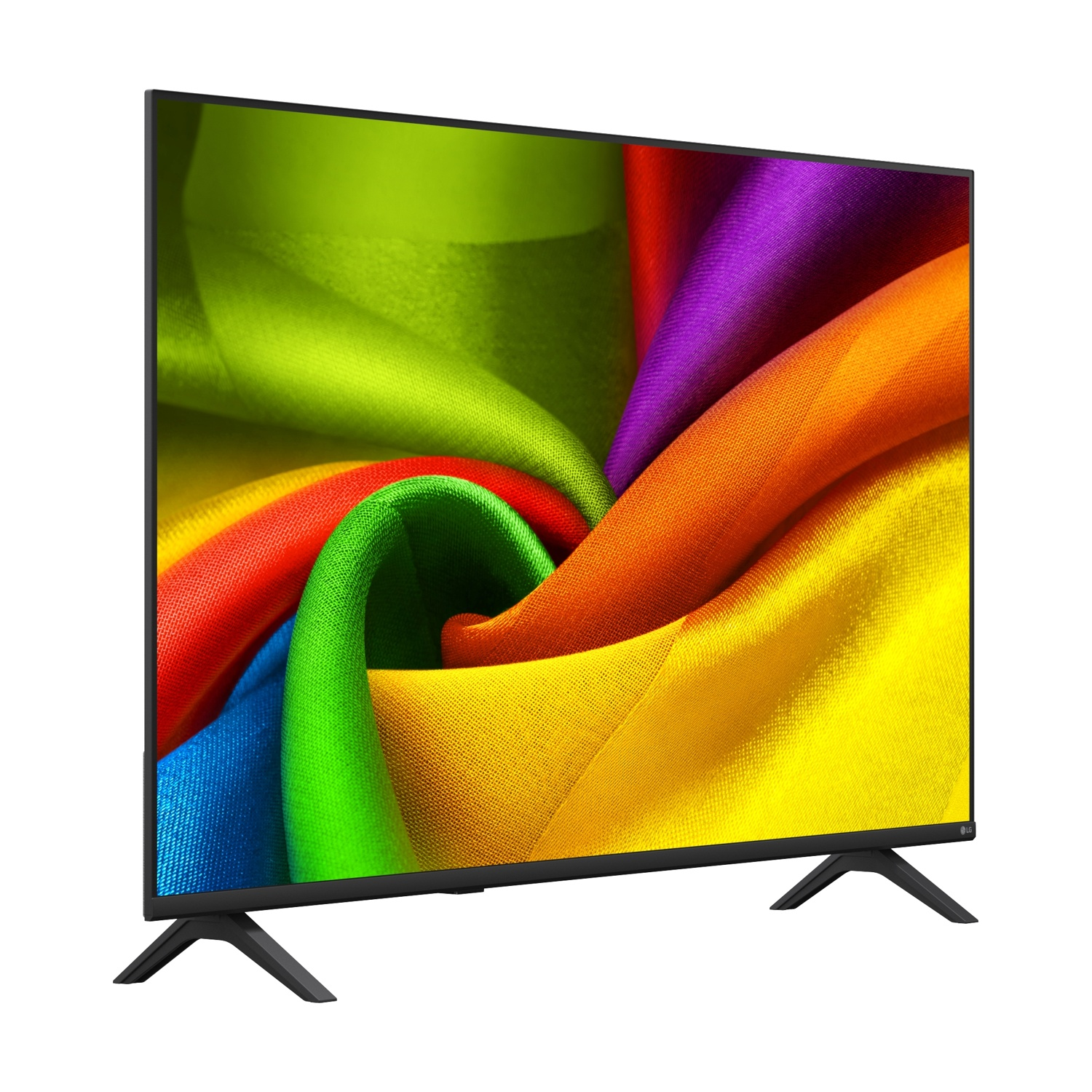 Un televisore moderno che mostra un motivo di tessuto colorato e vorticoso sullo schermo.