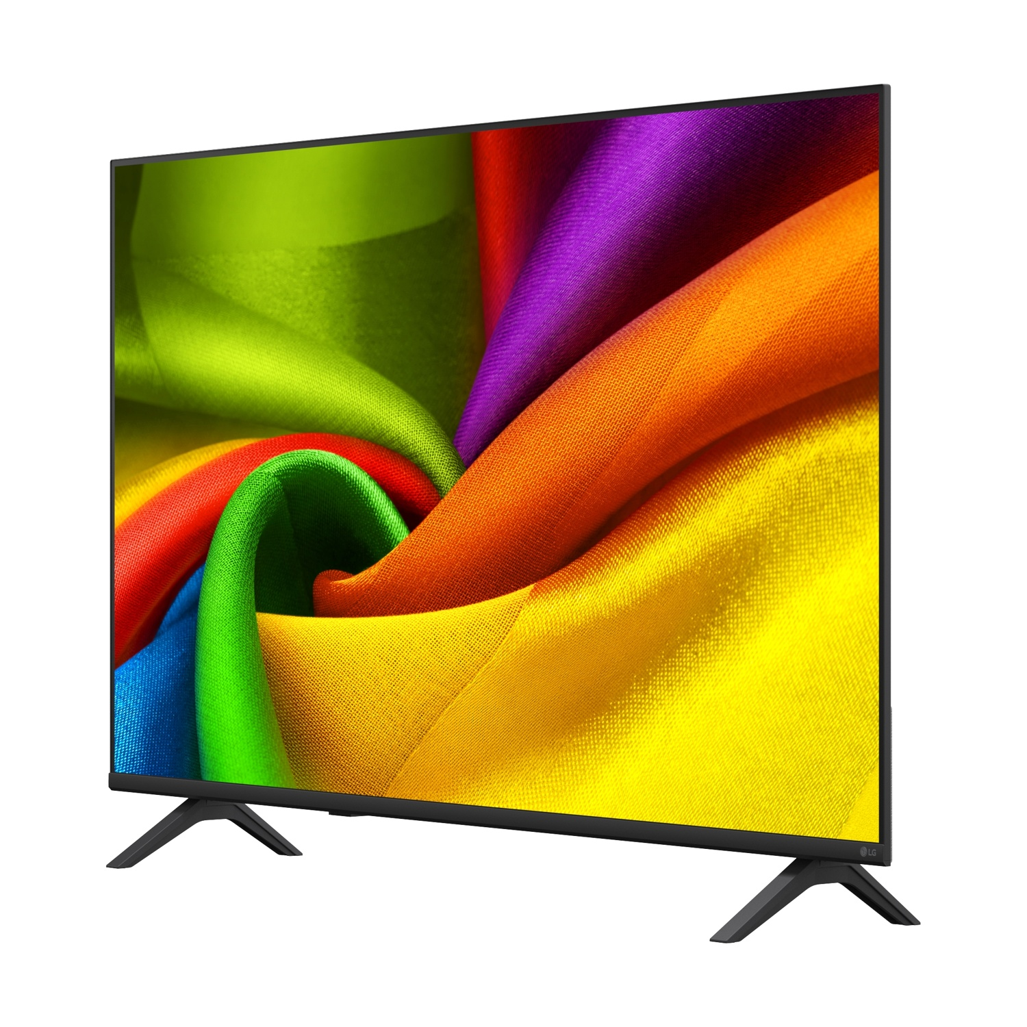 Un televisore moderno con un motivo di tessuto vibrante e colorato sullo schermo e piedini neri.