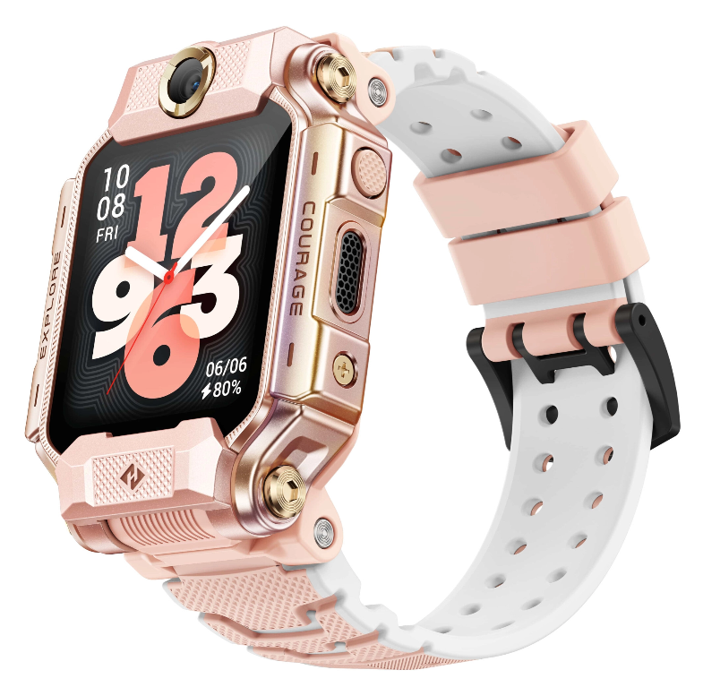 Różowo-złoty smartwatch z białym i różowym paskiem. Ekran pokazuje 10:08.