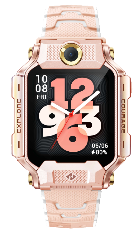 Różowo-złoty smartwatch z aparatem, dużą tarczą i tekstem 'Explore' i 'Courage'.