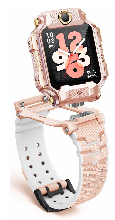 Różowo-złoty smartwatch z aparatem i dwukolorowym paskiem.