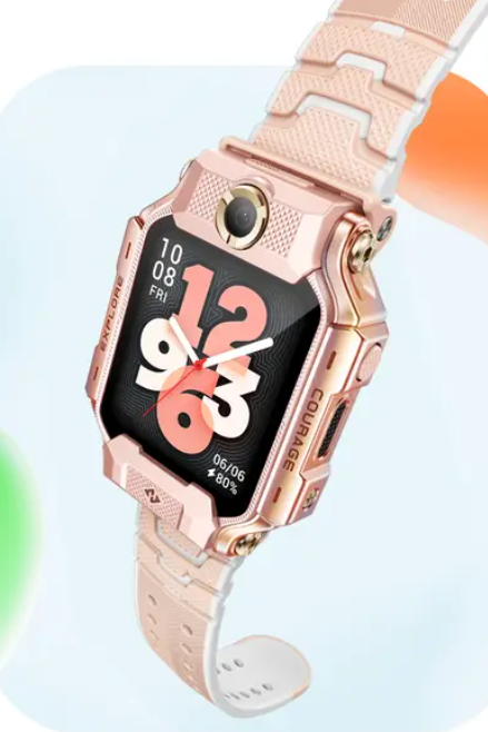 Różowo-złoty smartwatch z dużym wyświetlaczem i kamerą.