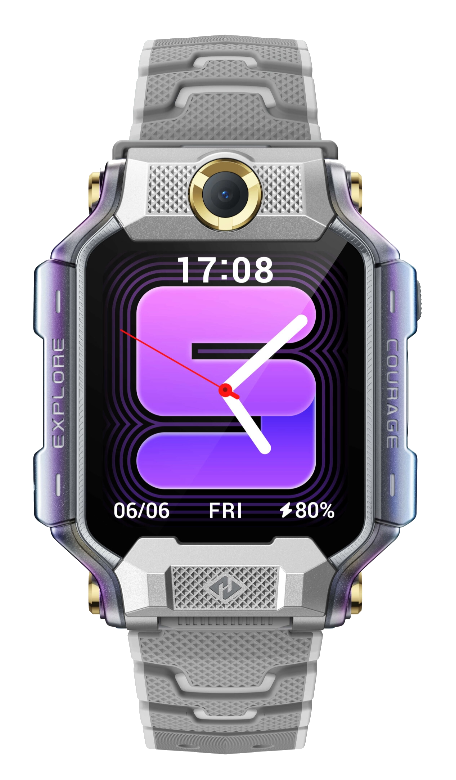 Szary smartwatch z kamerą, data 06/06, piątek i 80% baterii.