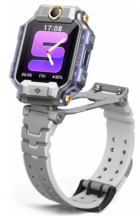 Szary smartwatch ze srebrno-niebieską obudową i ikoną aparatu.