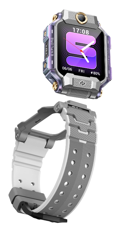 Szaro-biała bransoleta smartwatch z srebrno-fioletową tarczą.