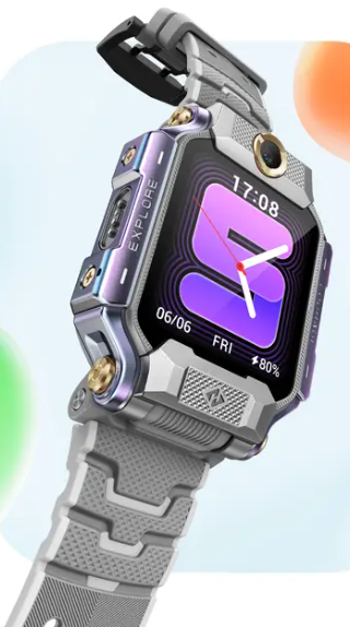 Szary smartwatch z fioletowymi akcentami, aparatem i cyfrowym wyświetlaczem.