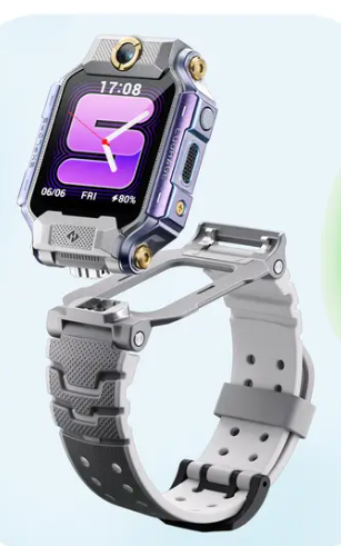 Szary i srebrny smartwatch z gumową bransoletą i cyfrowym wyświetlaczem.