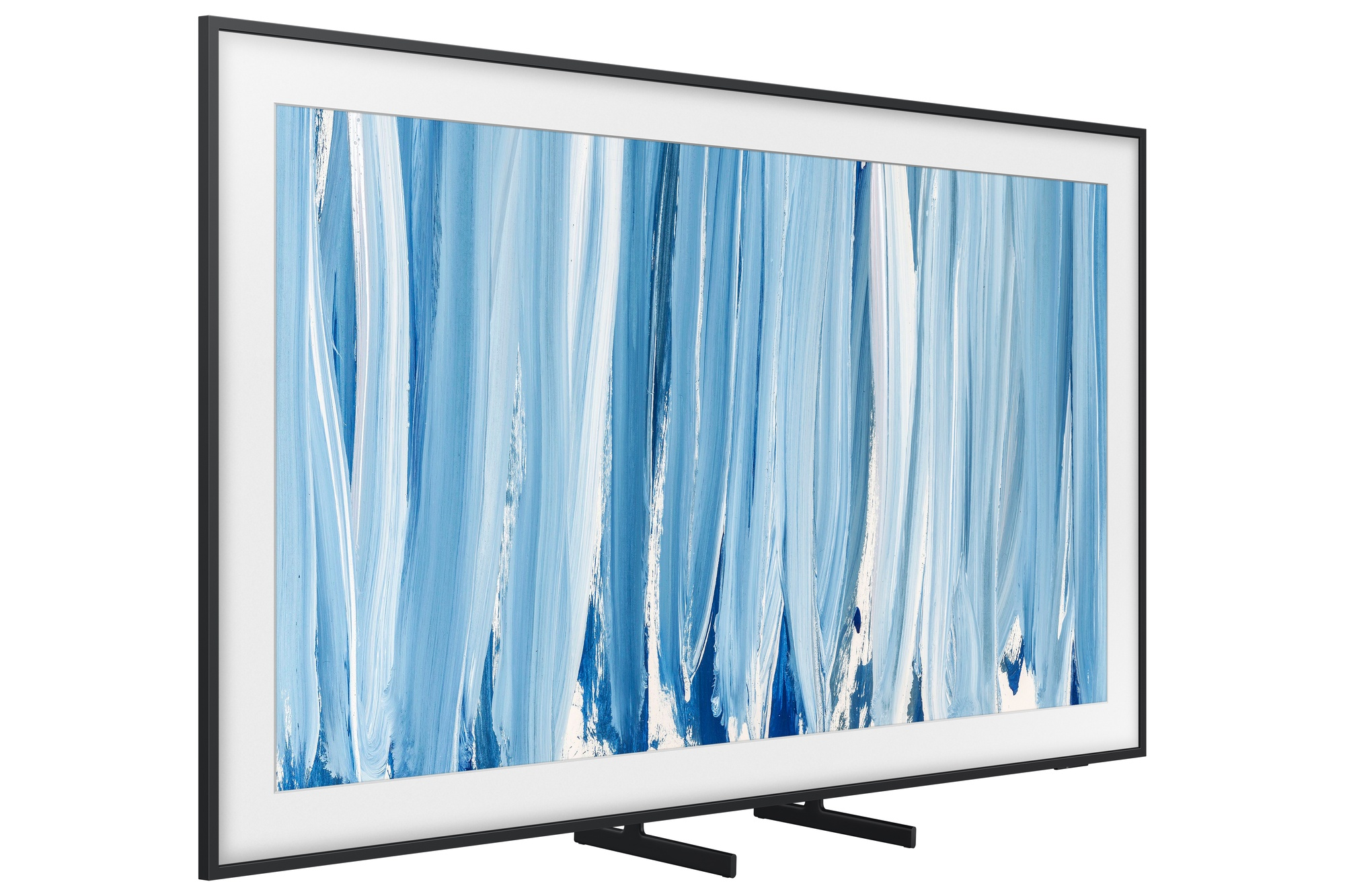 Un televisor negro que muestra una pintura abstracta azul y blanca.