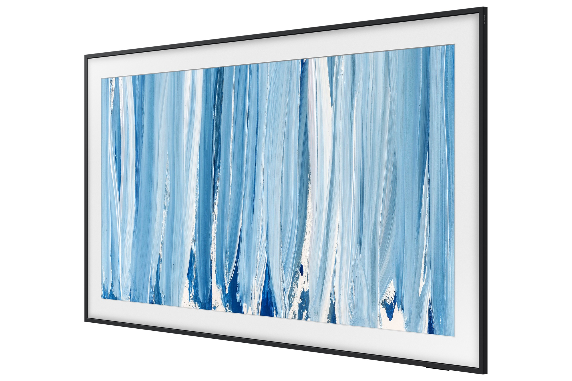 Una pintura abstracta enmarcada con pinceladas verticales azules y blancas.