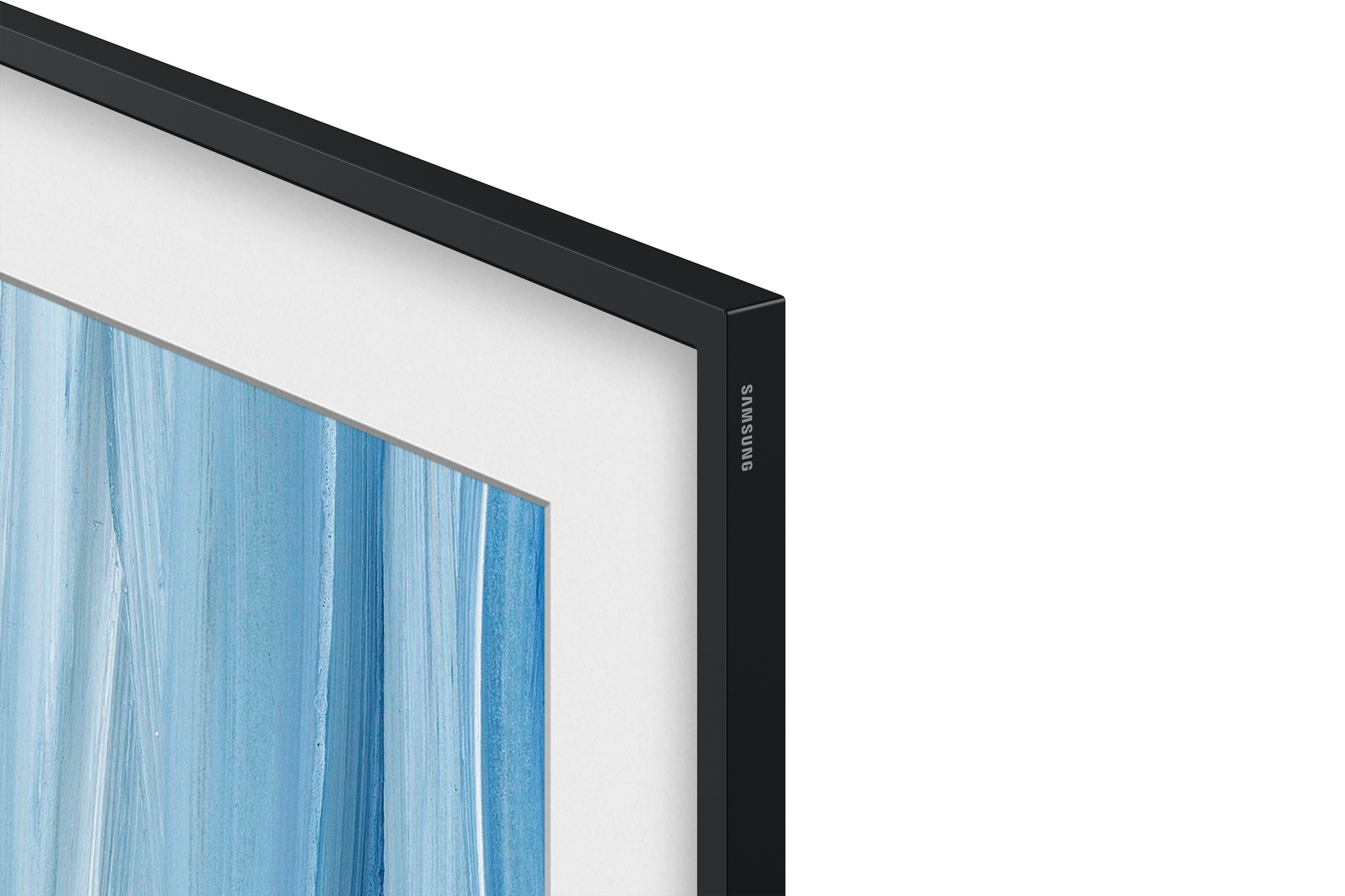 Un marco negro Samsung con un cuadro abstracto azul.
