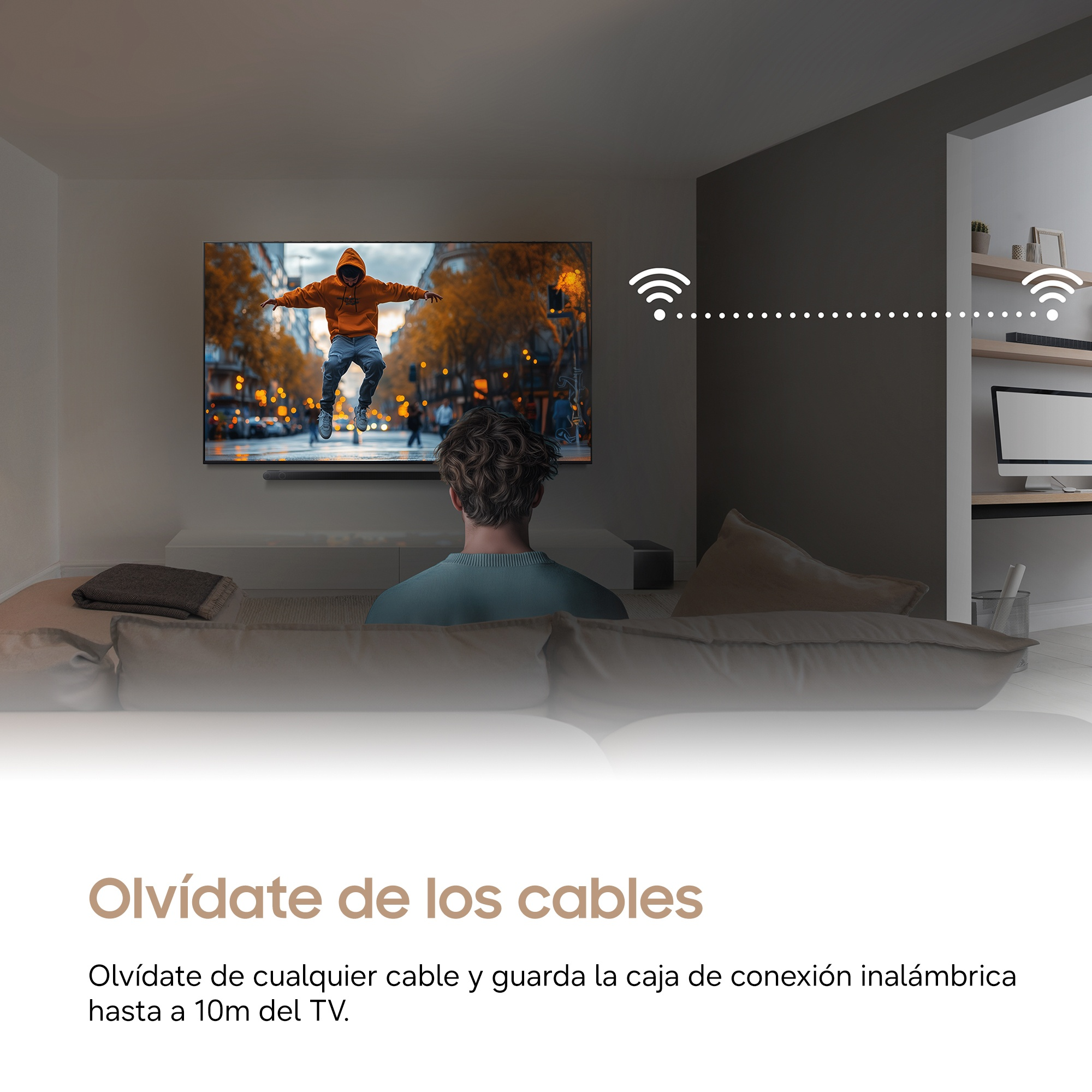 Olvídate de los cables Olvídate de cualquier cable y guarda la caja de conexión inalámbrica hasta a 10m del TV.
