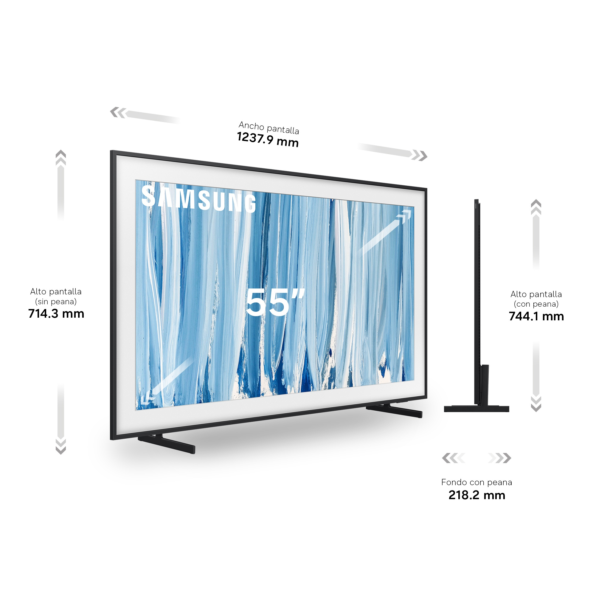 Un televisor Samsung de 55" con arte abstracto azul y blanco, mostrando medidas.