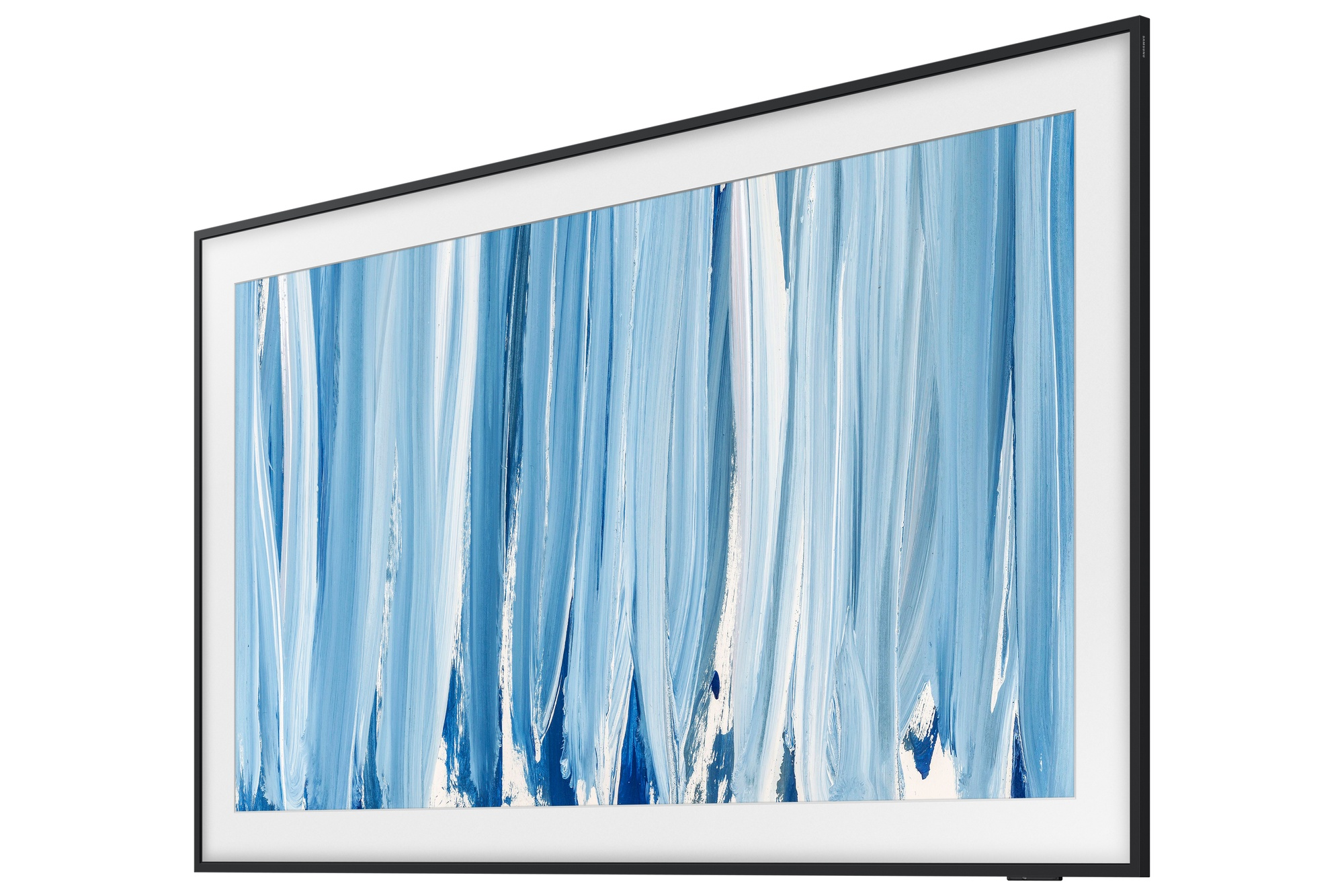 Un marco negro que muestra una pintura abstracta de pinceladas azules y blancas.