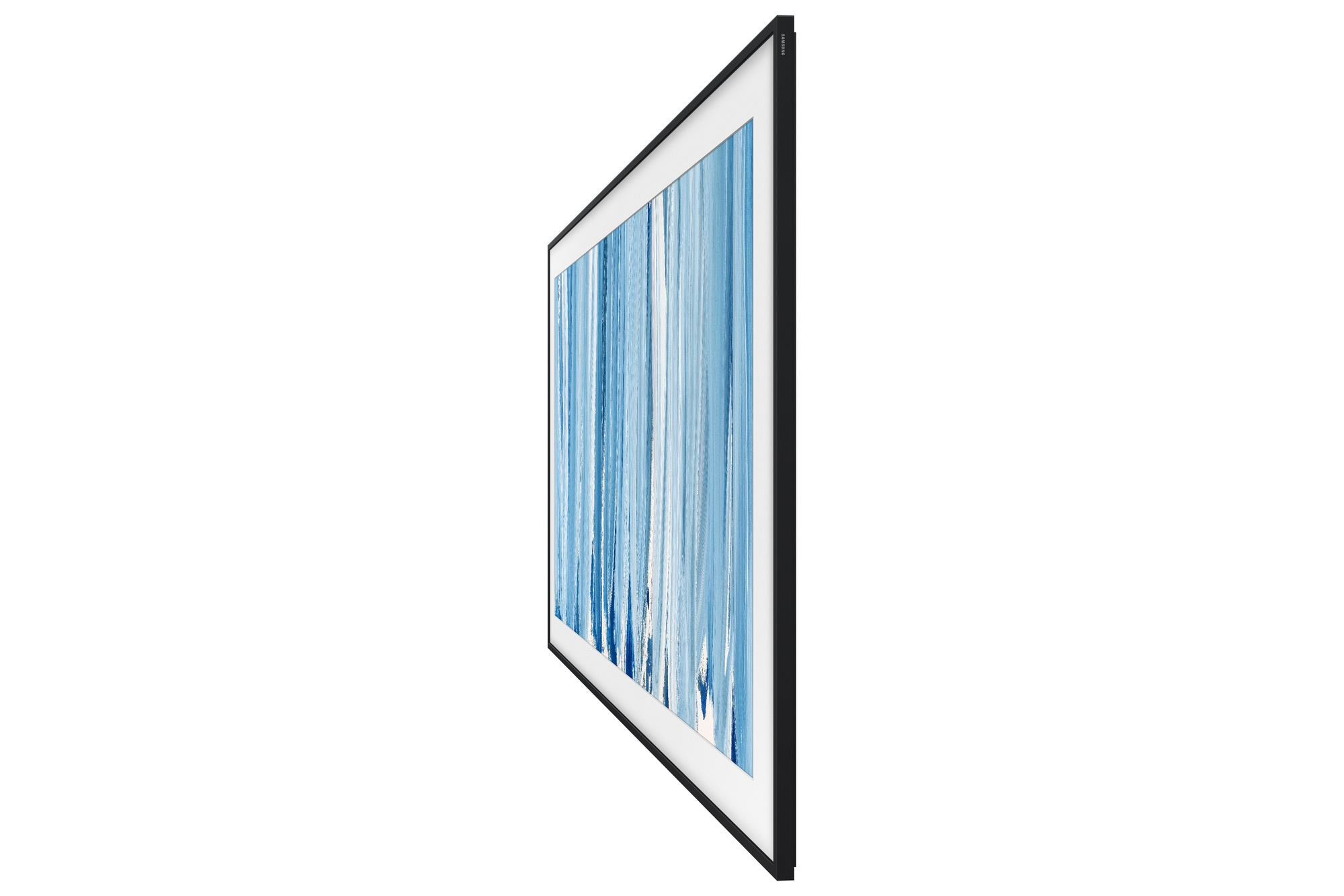 Un televisor delgado que muestra una obra de arte abstracta en degradado azul.