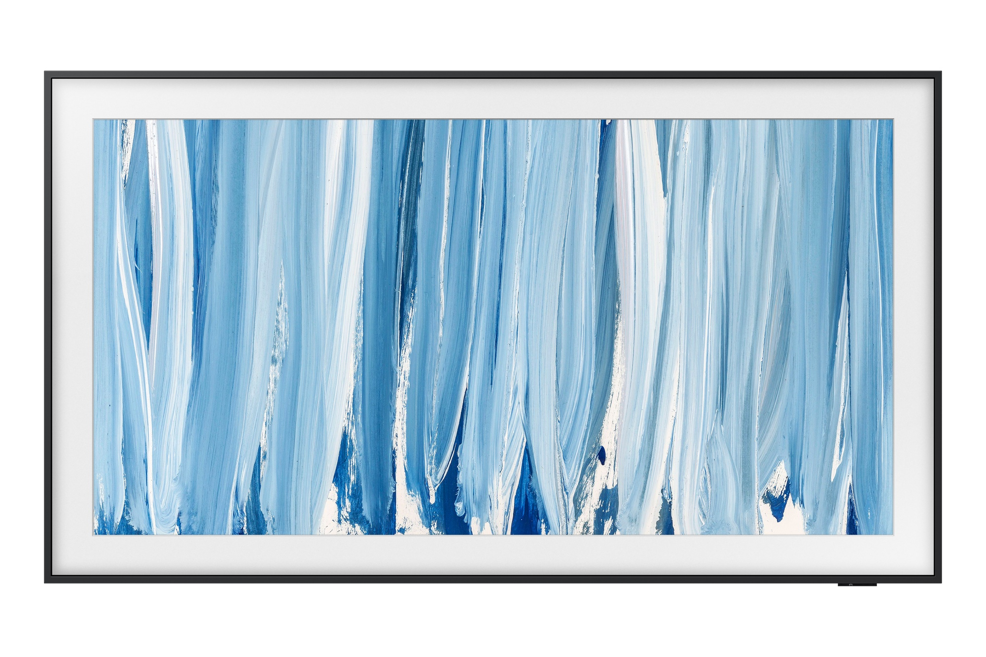 Pintura abstracta con trazos verticales en varios tonos de azul y blanco.